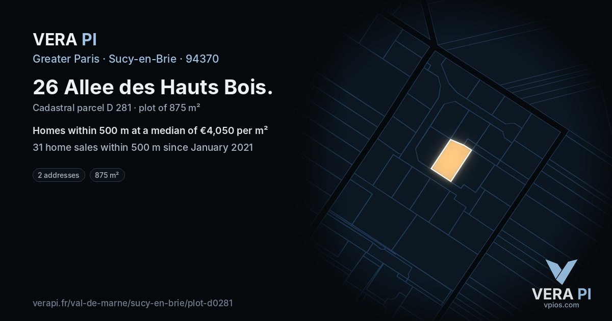 26 Allee des Hauts Bois, Sucy-en-Brie at night – the plot lit, the parcels around coloured by the prices near them