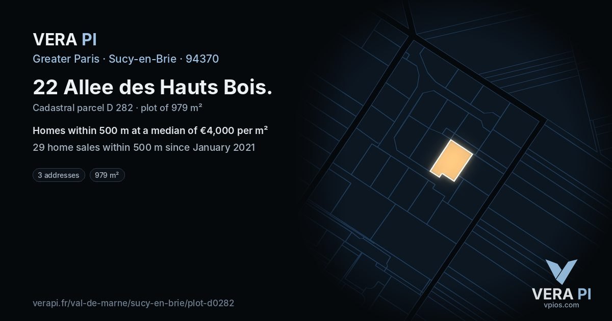 22 Allee des Hauts Bois, Sucy-en-Brie at night – the plot lit, the parcels around coloured by the prices near them