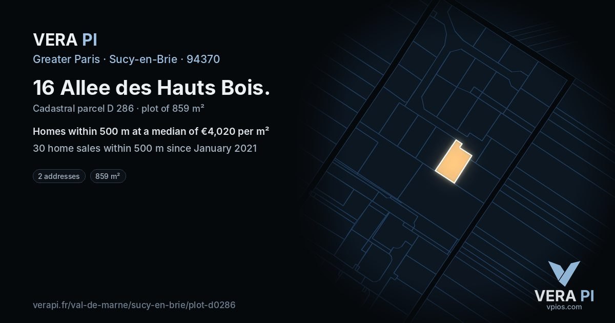 16 Allee des Hauts Bois, Sucy-en-Brie at night – the plot lit, the parcels around coloured by the prices near them