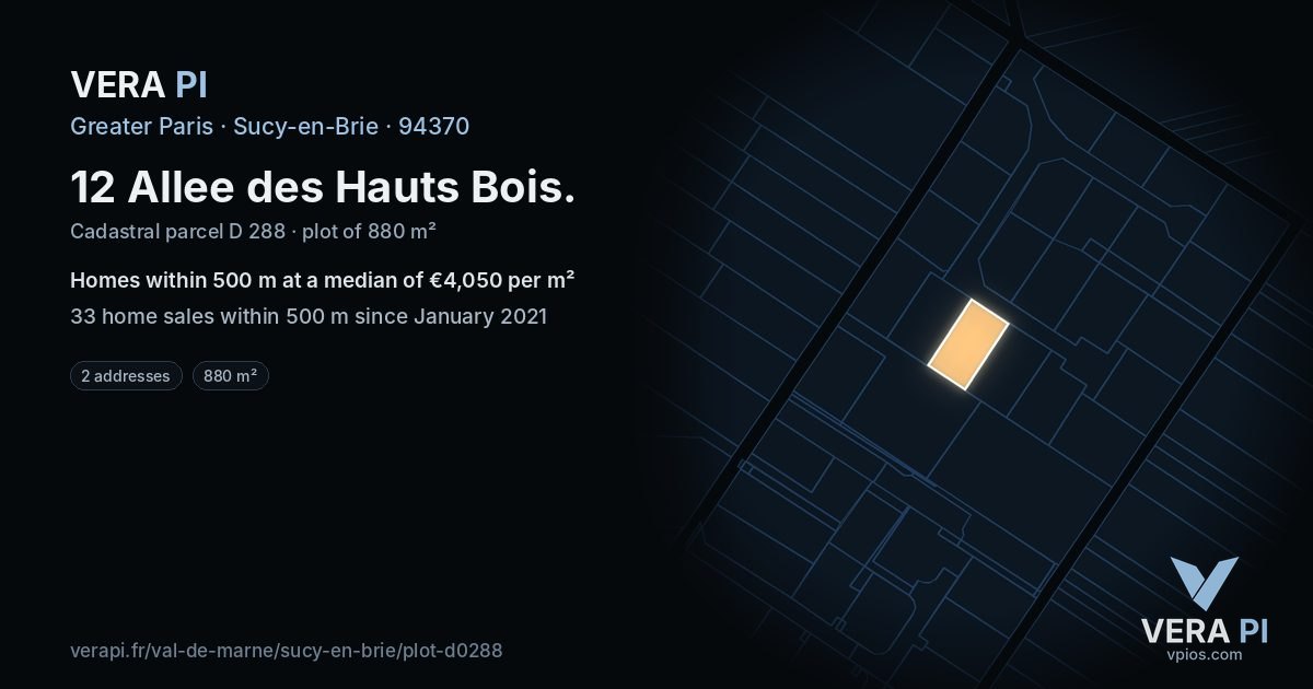 12 Allee des Hauts Bois, Sucy-en-Brie at night – the plot lit, the parcels around coloured by the prices near them