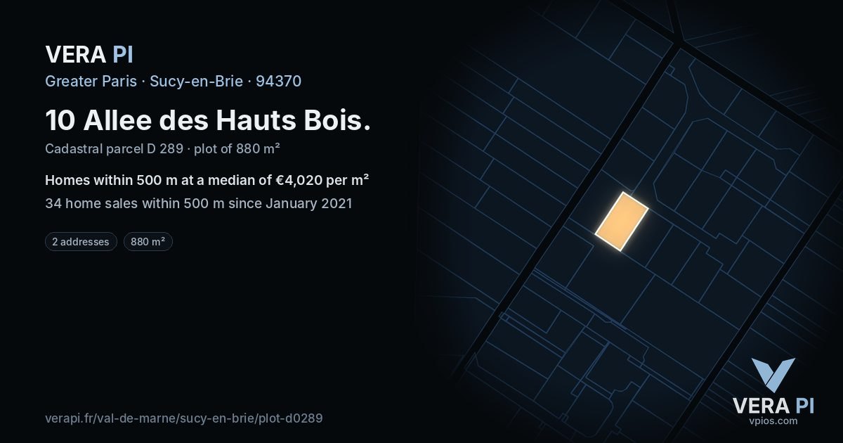 10 Allee des Hauts Bois, Sucy-en-Brie at night – the plot lit, the parcels around coloured by the prices near them