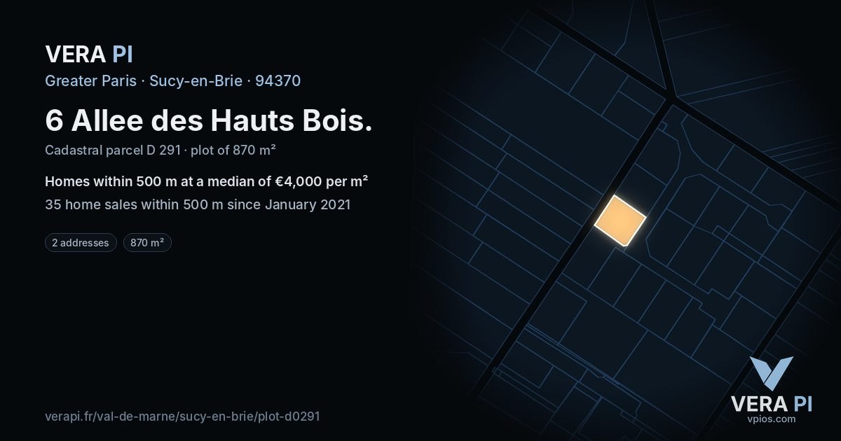 6 Allee des Hauts Bois, Sucy-en-Brie at night – the plot lit, the parcels around coloured by the prices near them