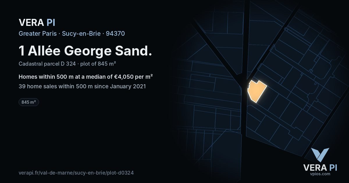 1 Allée George Sand, Sucy-en-Brie at night – the plot lit, the parcels around coloured by the prices near them