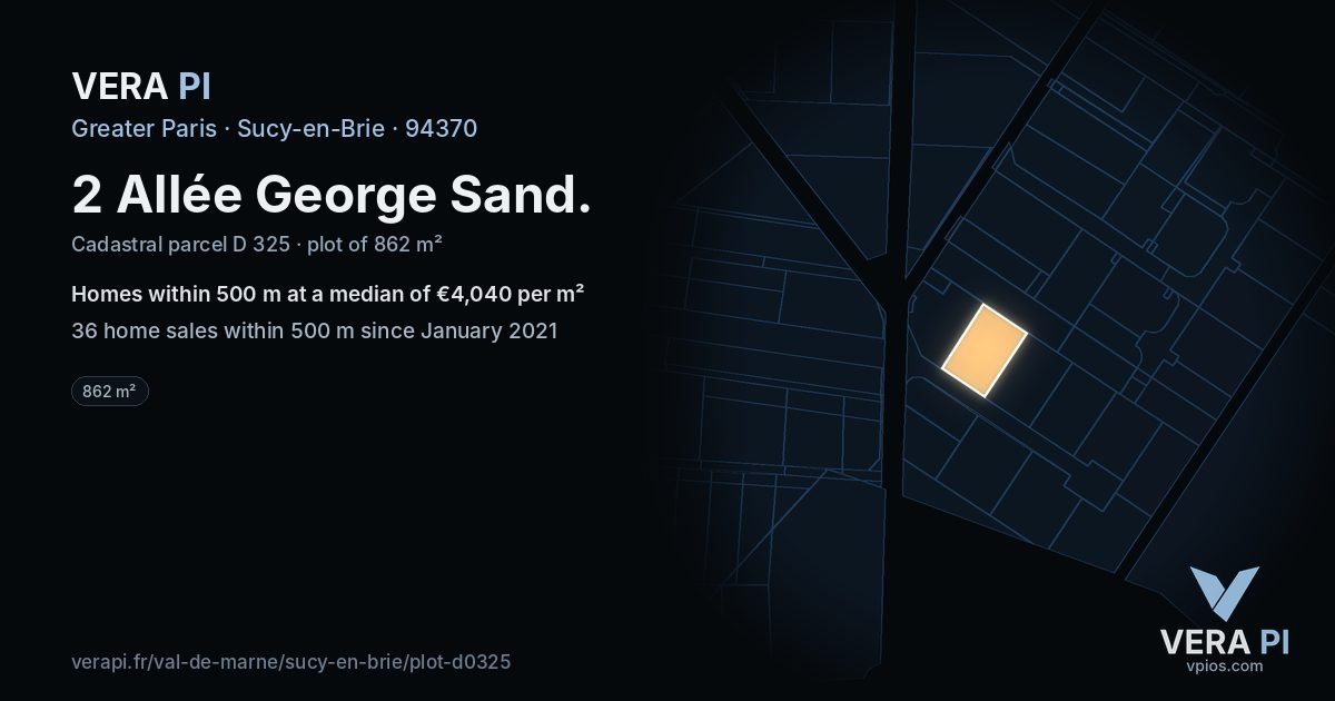 2 Allée George Sand, Sucy-en-Brie at night – the plot lit, the parcels around coloured by the prices near them