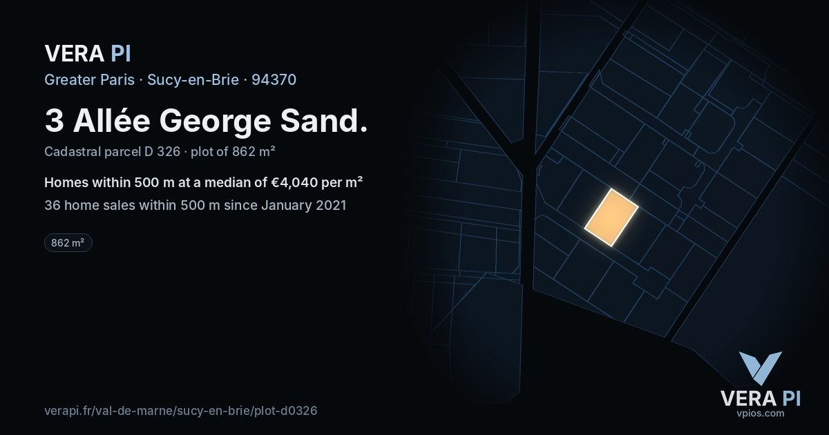 3 Allée George Sand, Sucy-en-Brie at night – the plot lit, the parcels around coloured by the prices near them