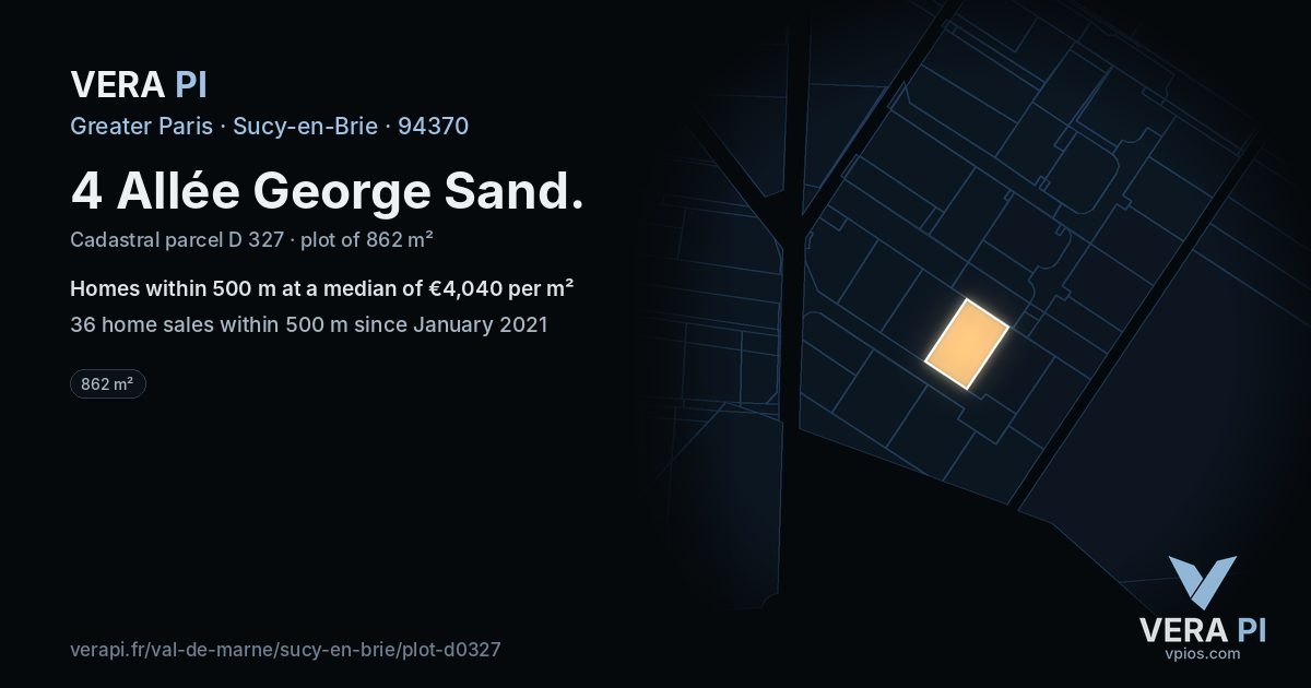 4 Allée George Sand, Sucy-en-Brie at night – the plot lit, the parcels around coloured by the prices near them