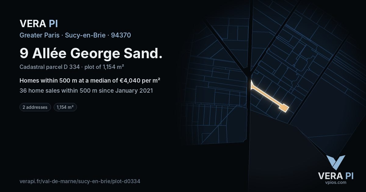 9 Allée George Sand, Sucy-en-Brie at night – the plot lit, the parcels around coloured by the prices near them