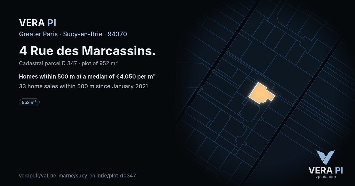 4 Rue des Marcassins, Sucy-en-Brie at night – the plot lit, the parcels around coloured by the prices near them