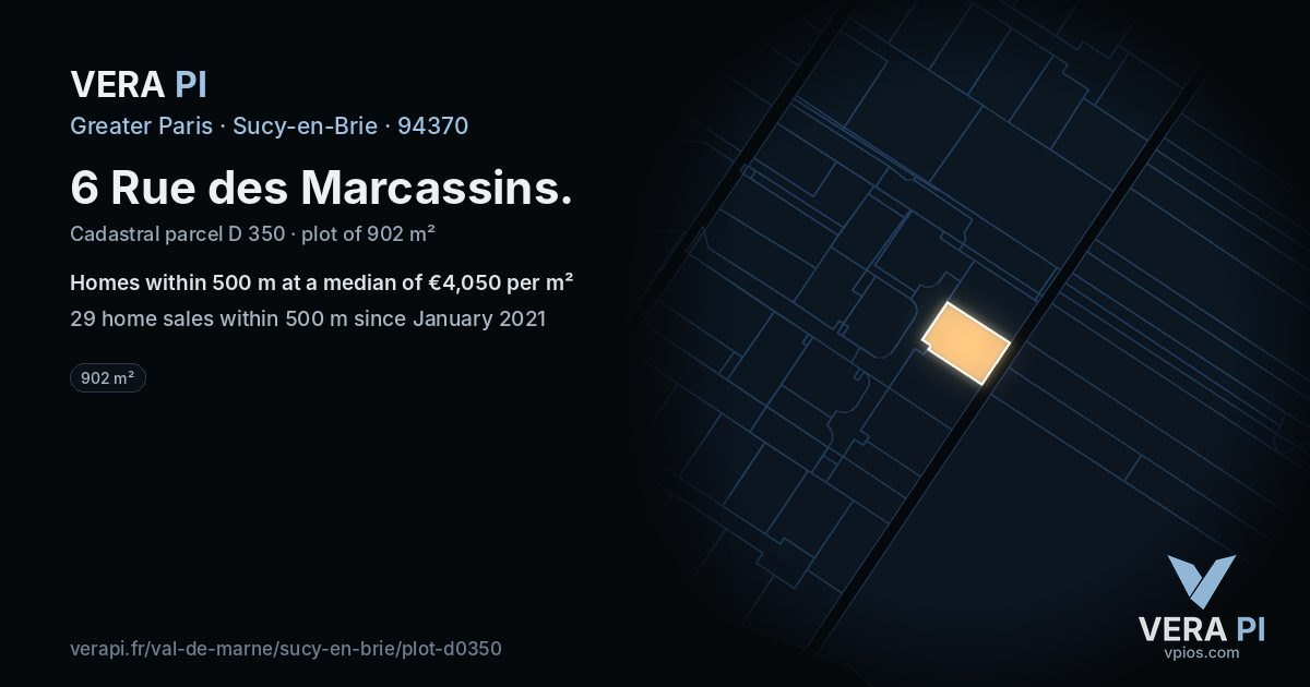 6 Rue des Marcassins, Sucy-en-Brie at night – the plot lit, the parcels around coloured by the prices near them