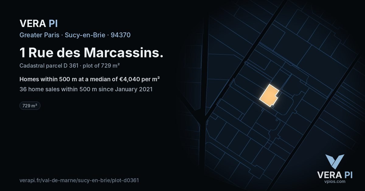 1 Rue des Marcassins, Sucy-en-Brie at night – the plot lit, the parcels around coloured by the prices near them