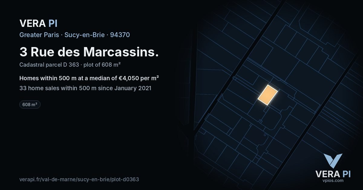 3 Rue des Marcassins, Sucy-en-Brie at night – the plot lit, the parcels around coloured by the prices near them
