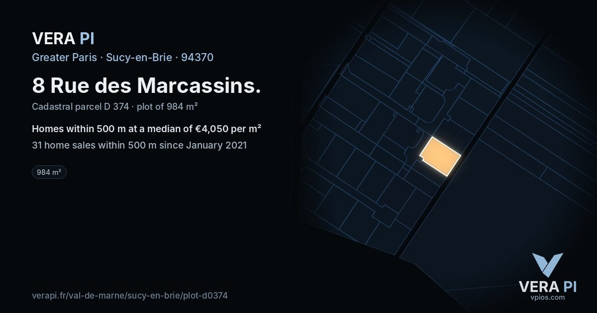 8 Rue des Marcassins, Sucy-en-Brie at night – the plot lit, the parcels around coloured by the prices near them