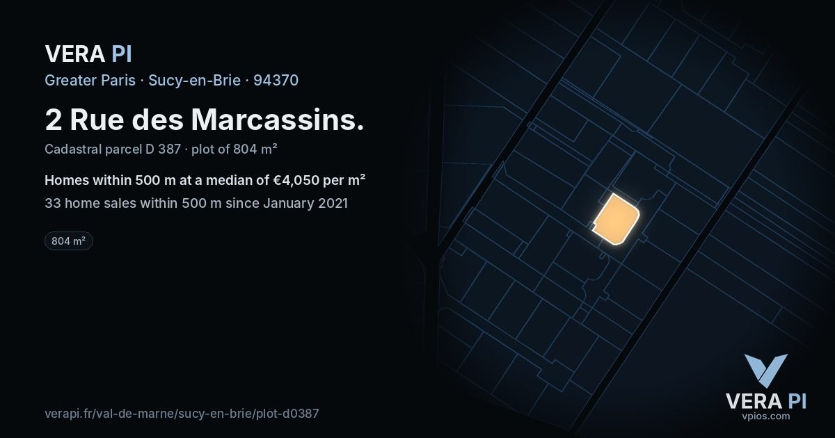 2 Rue des Marcassins, Sucy-en-Brie at night – the plot lit, the parcels around coloured by the prices near them