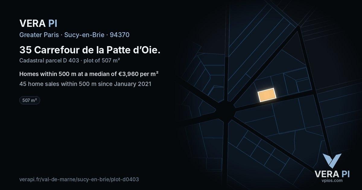 35 Carrefour de la Patte d’Oie, Sucy-en-Brie at night – the plot lit, the parcels around coloured by the prices near them