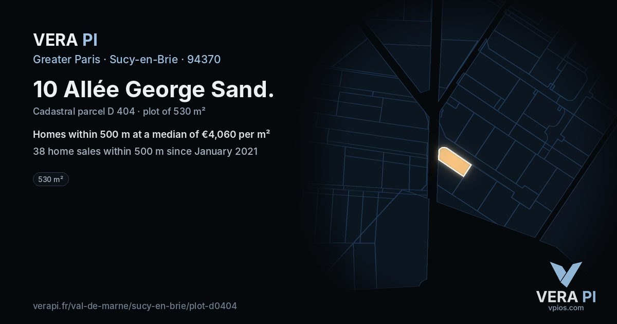 10 Allée George Sand, Sucy-en-Brie at night – the plot lit, the parcels around coloured by the prices near them