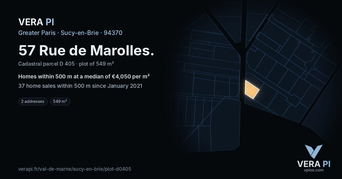 57 Rue de Marolles, Sucy-en-Brie at night – the plot lit, the parcels around coloured by the prices near them