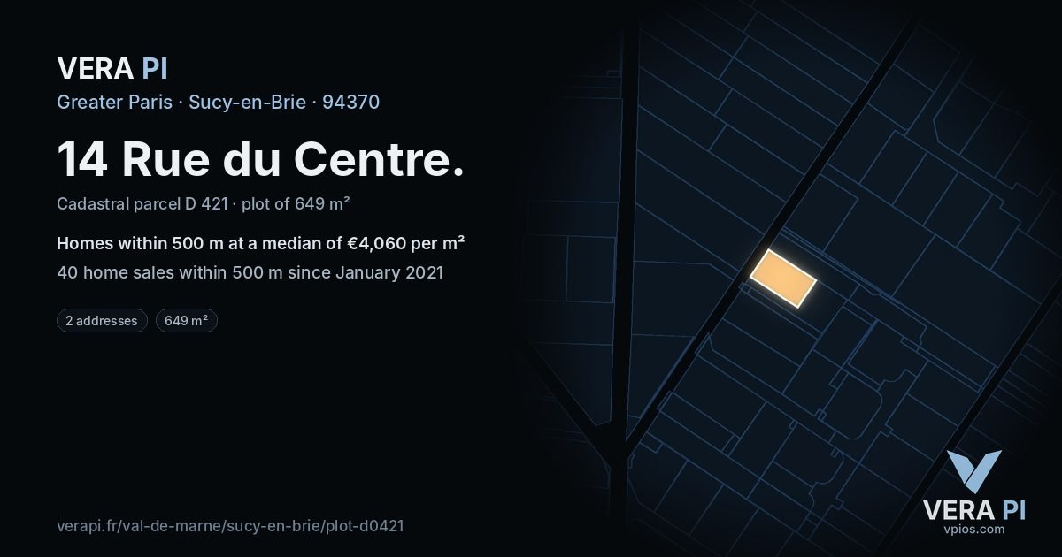 14 Rue du Centre, Sucy-en-Brie at night – the plot lit, the parcels around coloured by the prices near them