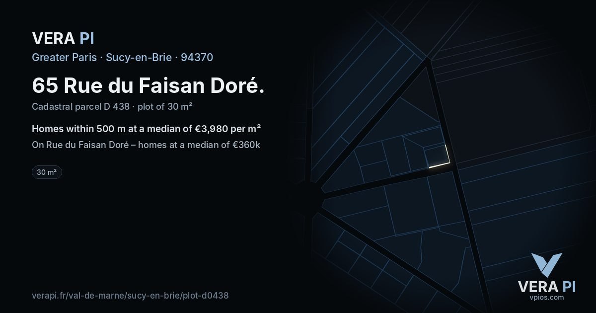65 Rue du Faisan Doré, Sucy-en-Brie at night – the plot lit, the parcels around coloured by the prices near them