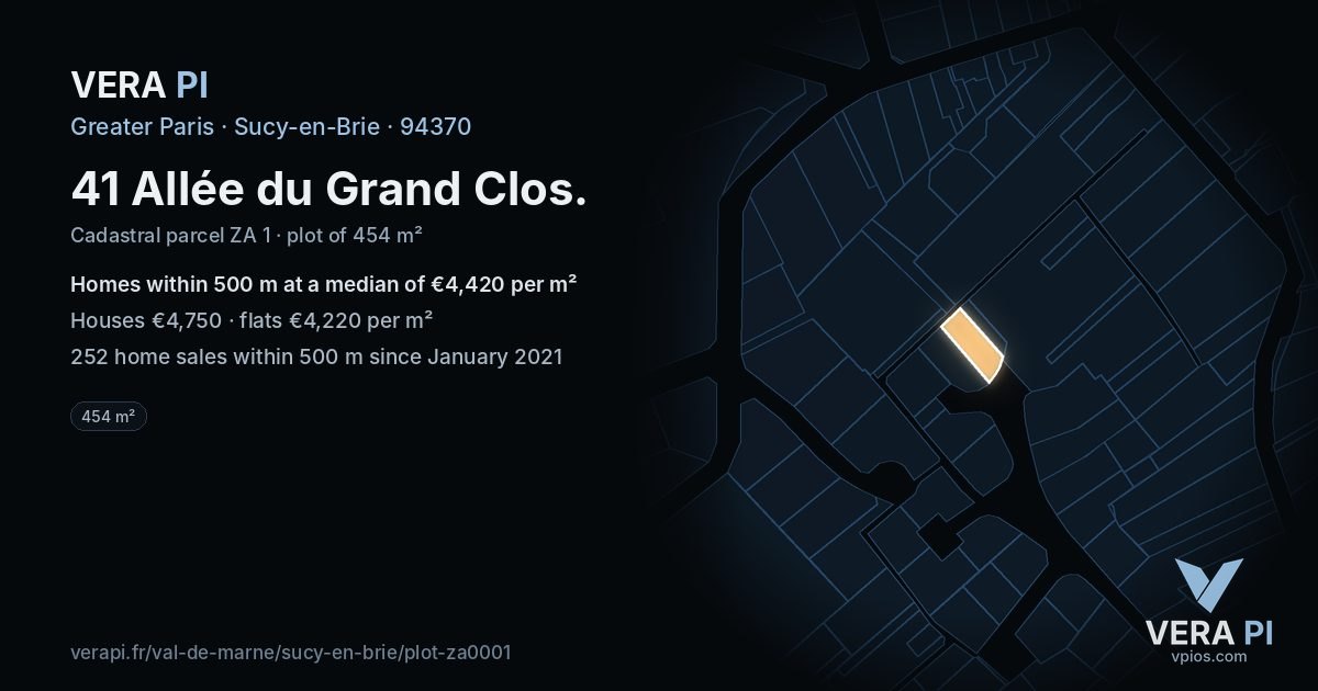 41 Allée du Grand Clos, Sucy-en-Brie at night – the plot lit, the parcels around coloured by the prices near them