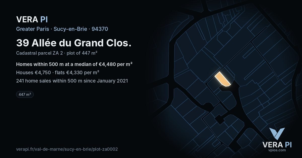 39 Allée du Grand Clos, Sucy-en-Brie at night – the plot lit, the parcels around coloured by the prices near them