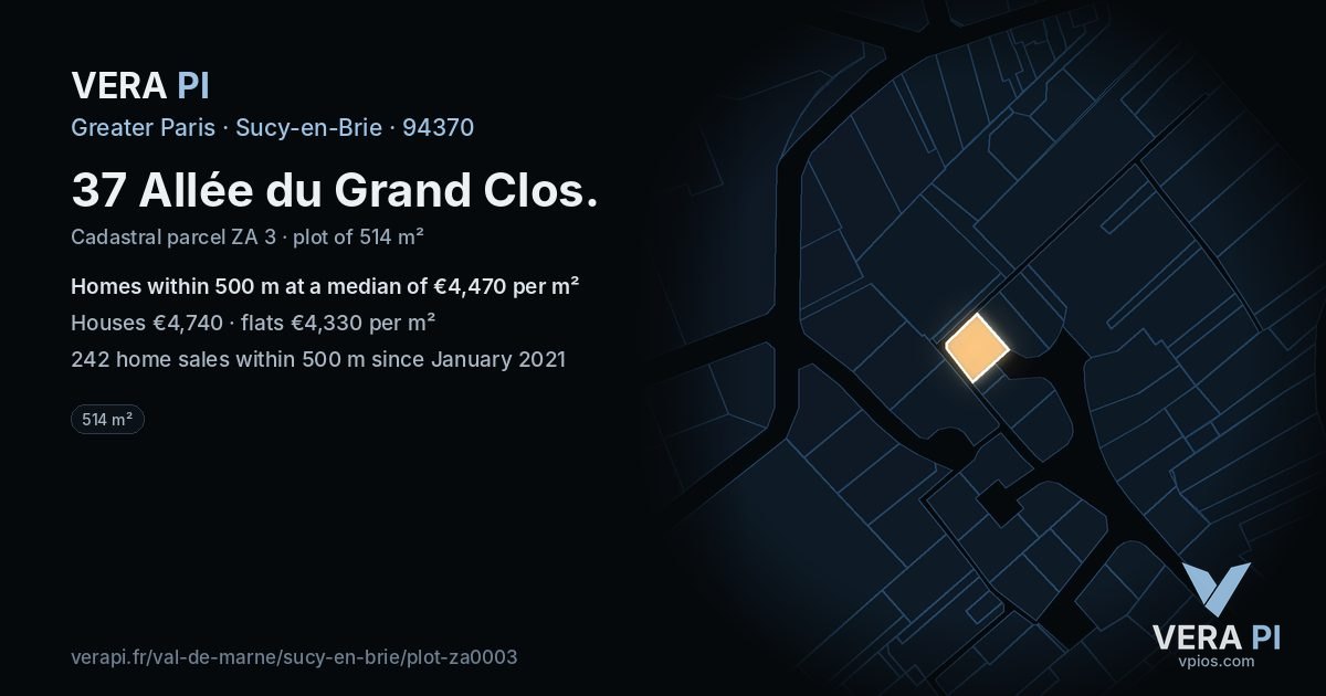 37 Allée du Grand Clos, Sucy-en-Brie at night – the plot lit, the parcels around coloured by the prices near them