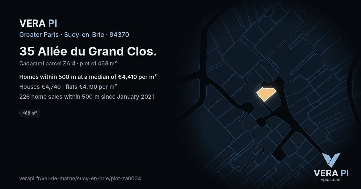 35 Allée du Grand Clos, Sucy-en-Brie at night – the plot lit, the parcels around coloured by the prices near them