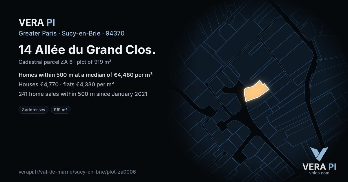 14 Allée du Grand Clos, Sucy-en-Brie at night – the plot lit, the parcels around coloured by the prices near them