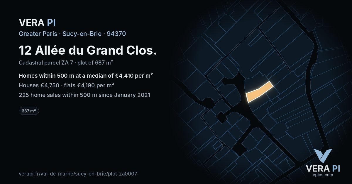 12 Allée du Grand Clos, Sucy-en-Brie at night – the plot lit, the parcels around coloured by the prices near them