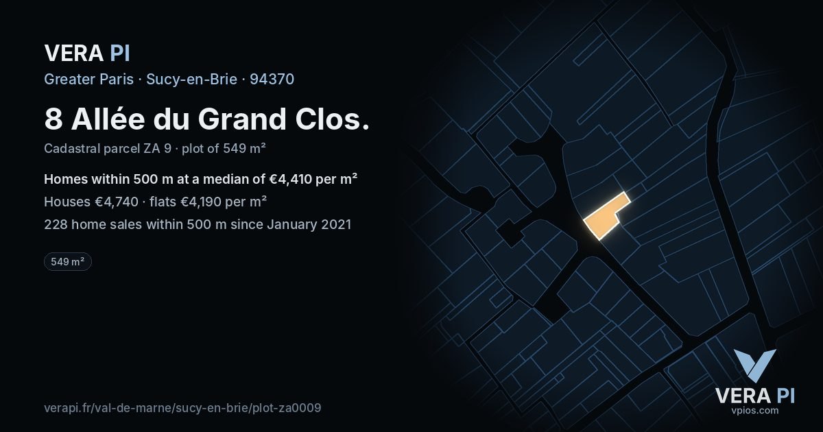 8 Allée du Grand Clos, Sucy-en-Brie at night – the plot lit, the parcels around coloured by the prices near them