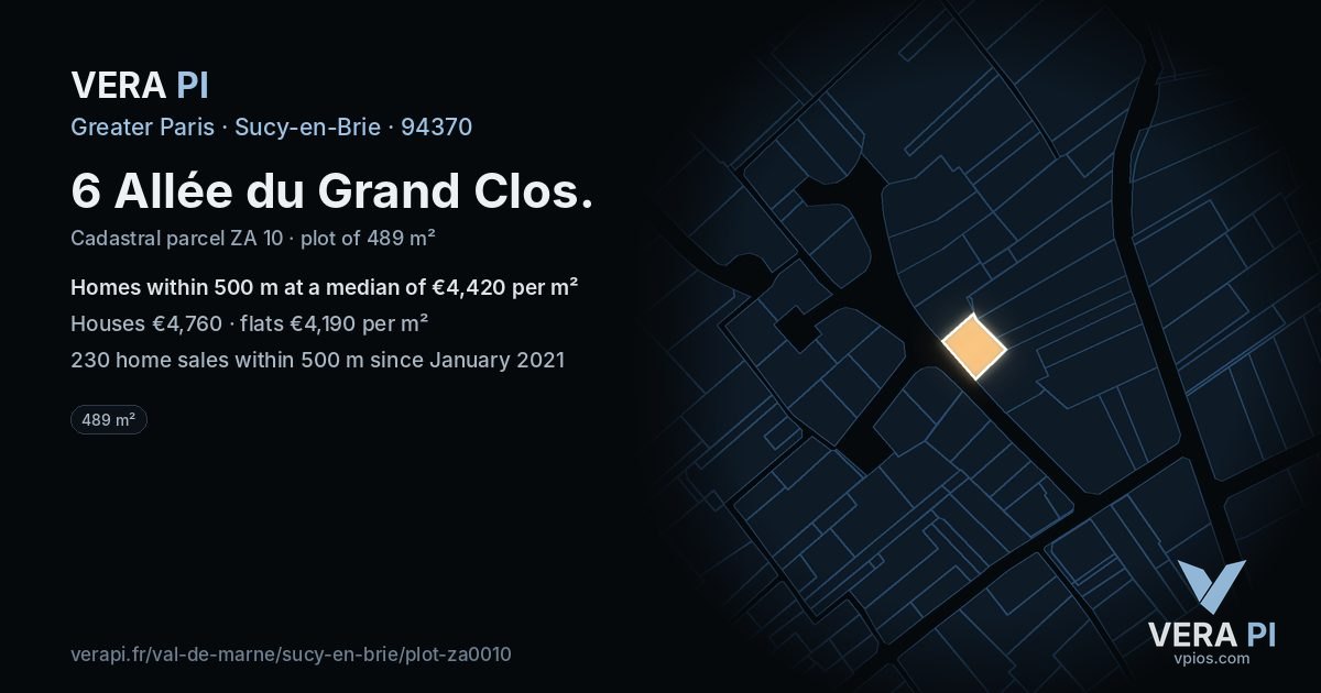 6 Allée du Grand Clos, Sucy-en-Brie at night – the plot lit, the parcels around coloured by the prices near them