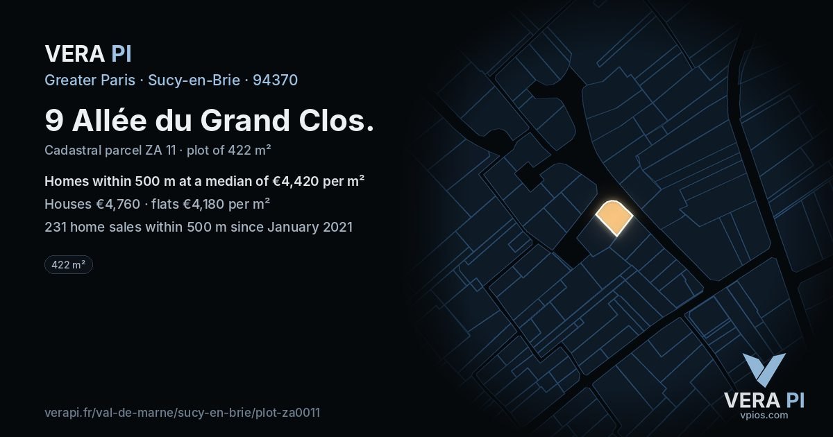 9 Allée du Grand Clos, Sucy-en-Brie at night – the plot lit, the parcels around coloured by the prices near them