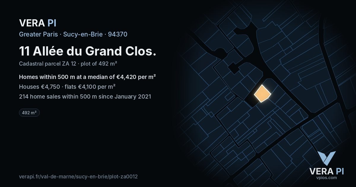 11 Allée du Grand Clos, Sucy-en-Brie at night – the plot lit, the parcels around coloured by the prices near them