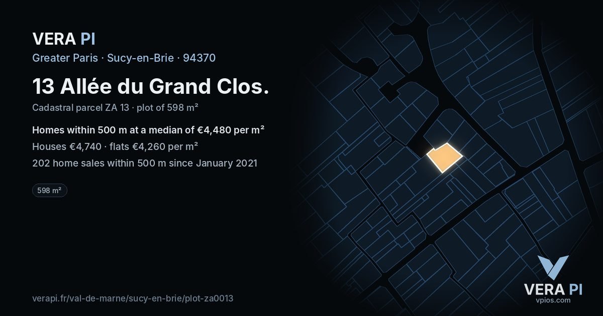13 Allée du Grand Clos, Sucy-en-Brie at night – the plot lit, the parcels around coloured by the prices near them