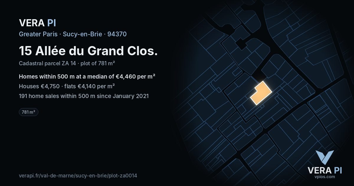15 Allée du Grand Clos, Sucy-en-Brie at night – the plot lit, the parcels around coloured by the prices near them