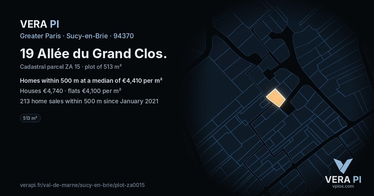 19 Allée du Grand Clos, Sucy-en-Brie at night – the plot lit, the parcels around coloured by the prices near them