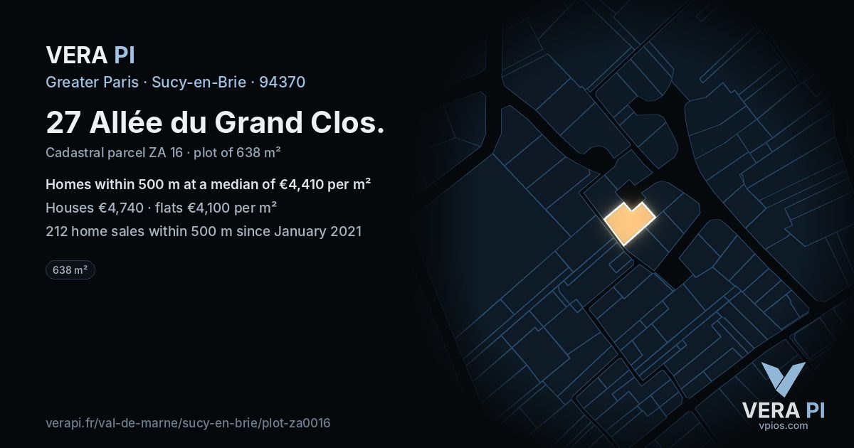 27 Allée du Grand Clos, Sucy-en-Brie at night – the plot lit, the parcels around coloured by the prices near them