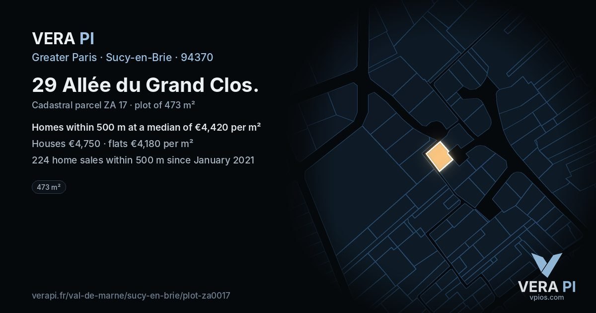 29 Allée du Grand Clos, Sucy-en-Brie at night – the plot lit, the parcels around coloured by the prices near them
