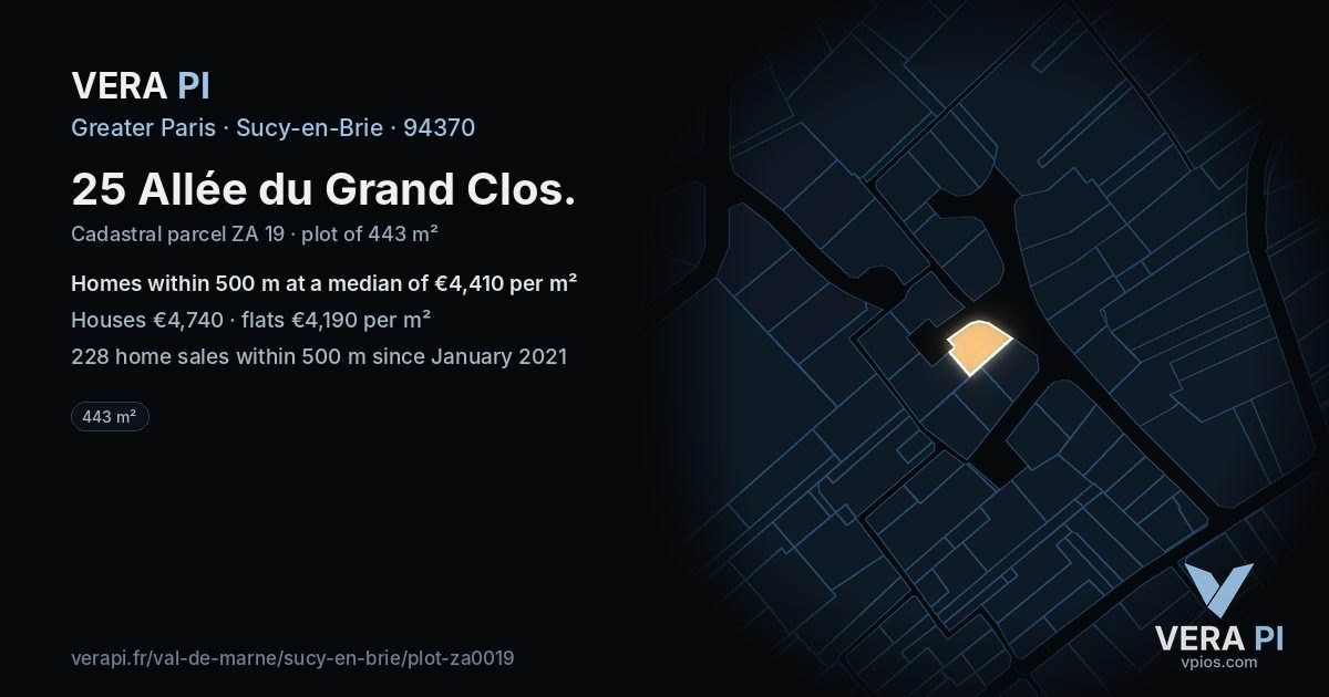 25 Allée du Grand Clos, Sucy-en-Brie at night – the plot lit, the parcels around coloured by the prices near them
