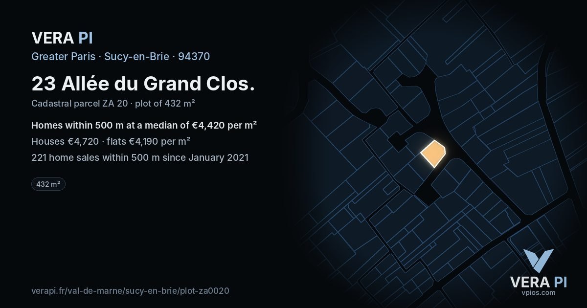 23 Allée du Grand Clos, Sucy-en-Brie at night – the plot lit, the parcels around coloured by the prices near them