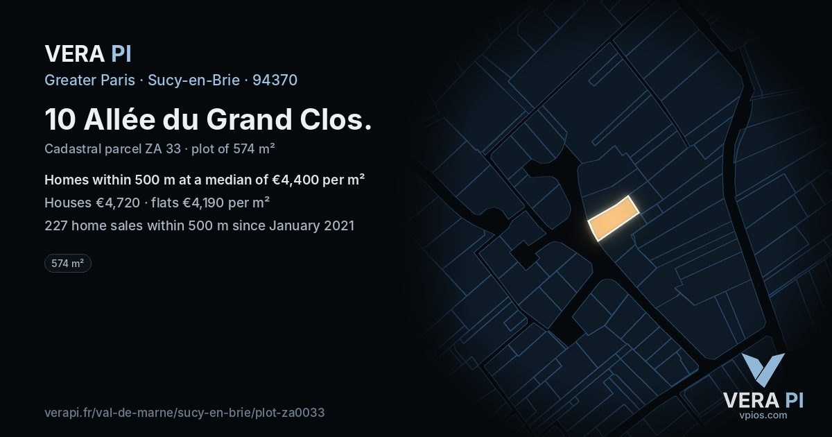 10 Allée du Grand Clos, Sucy-en-Brie at night – the plot lit, the parcels around coloured by the prices near them