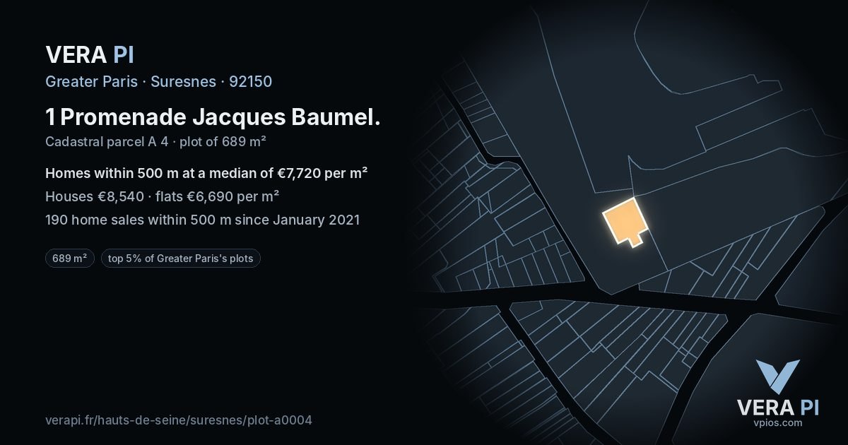 1 Promenade Jacques Baumel, Suresnes at night – the plot lit, the parcels around coloured by the prices near them