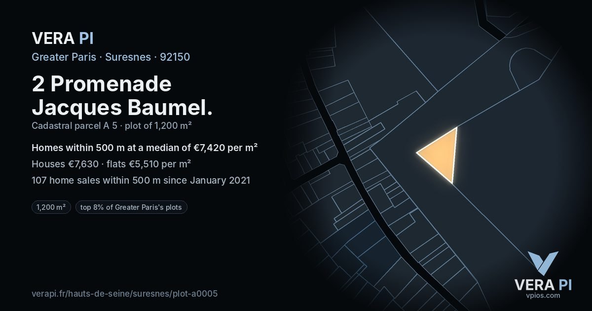 2 Promenade Jacques Baumel, Suresnes at night – the plot lit, the parcels around coloured by the prices near them