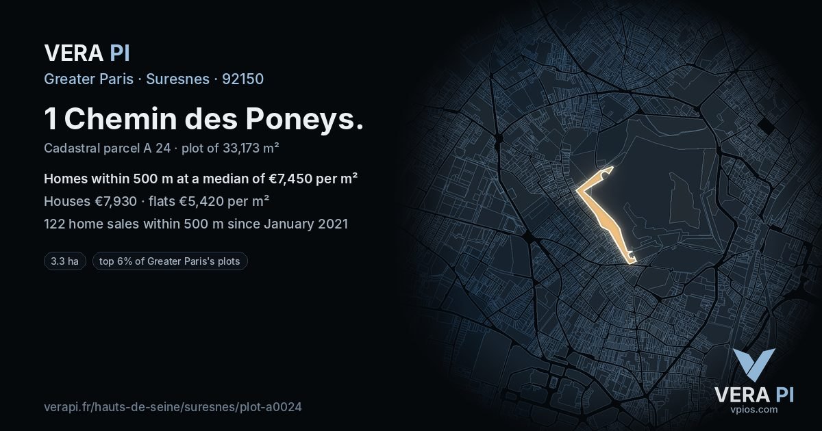 1 Chemin des Poneys, Suresnes at night – the plot lit, the parcels around coloured by the prices near them