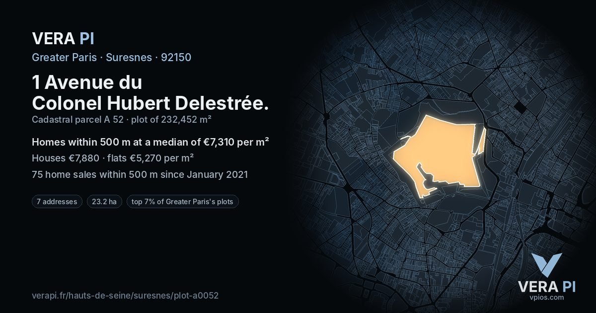 1 Avenue du Colonel Hubert Delestrée, Suresnes at night – the plot lit, the parcels around coloured by the prices near them