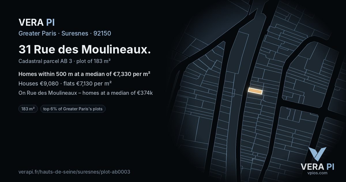 31 Rue des Moulineaux, Suresnes at night – the plot lit, the parcels around coloured by the prices near them