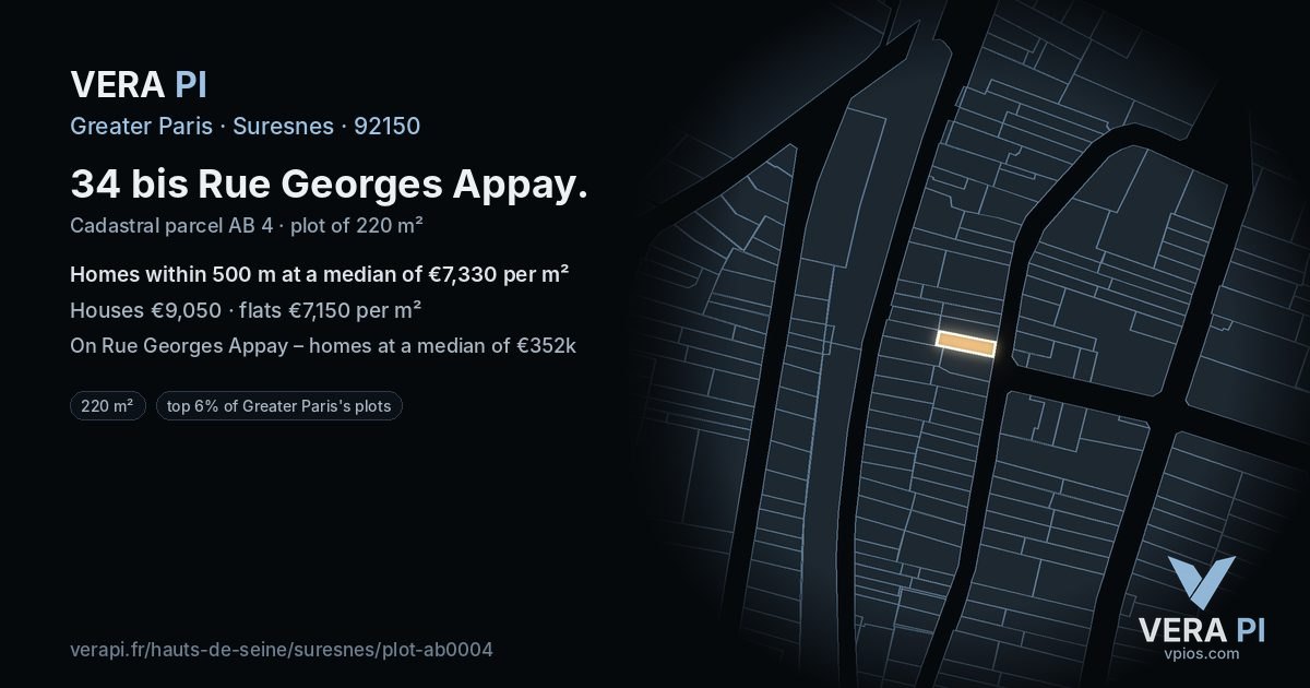 34 bis Rue Georges Appay, Suresnes at night – the plot lit, the parcels around coloured by the prices near them