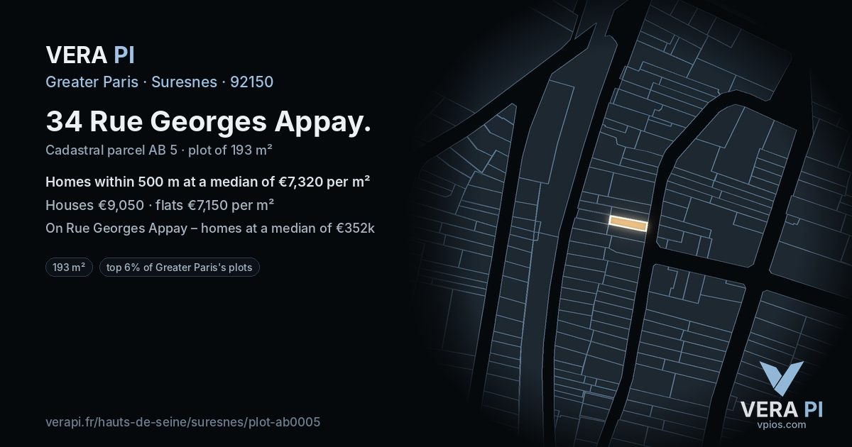 34 Rue Georges Appay, Suresnes at night – the plot lit, the parcels around coloured by the prices near them