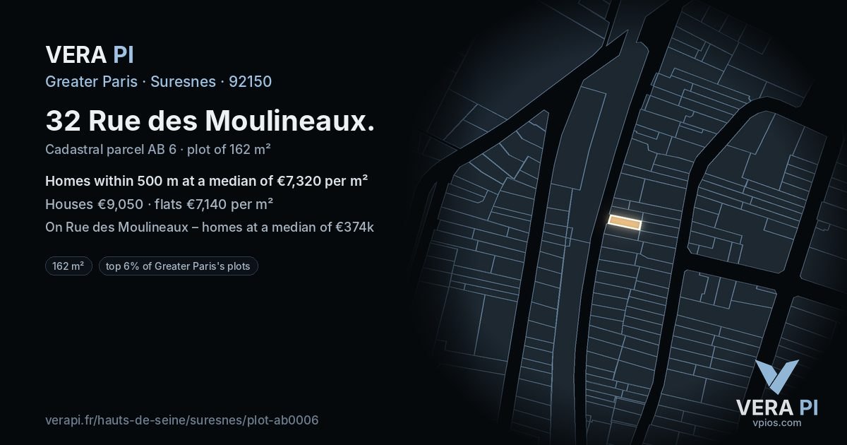 32 Rue des Moulineaux, Suresnes at night – the plot lit, the parcels around coloured by the prices near them