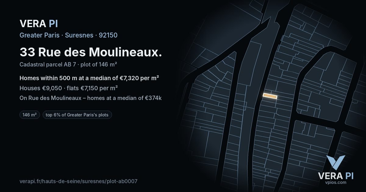 33 Rue des Moulineaux, Suresnes at night – the plot lit, the parcels around coloured by the prices near them