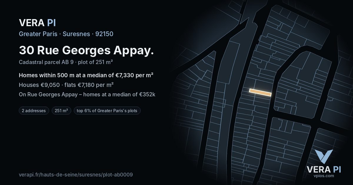 30 Rue Georges Appay, Suresnes at night – the plot lit, the parcels around coloured by the prices near them